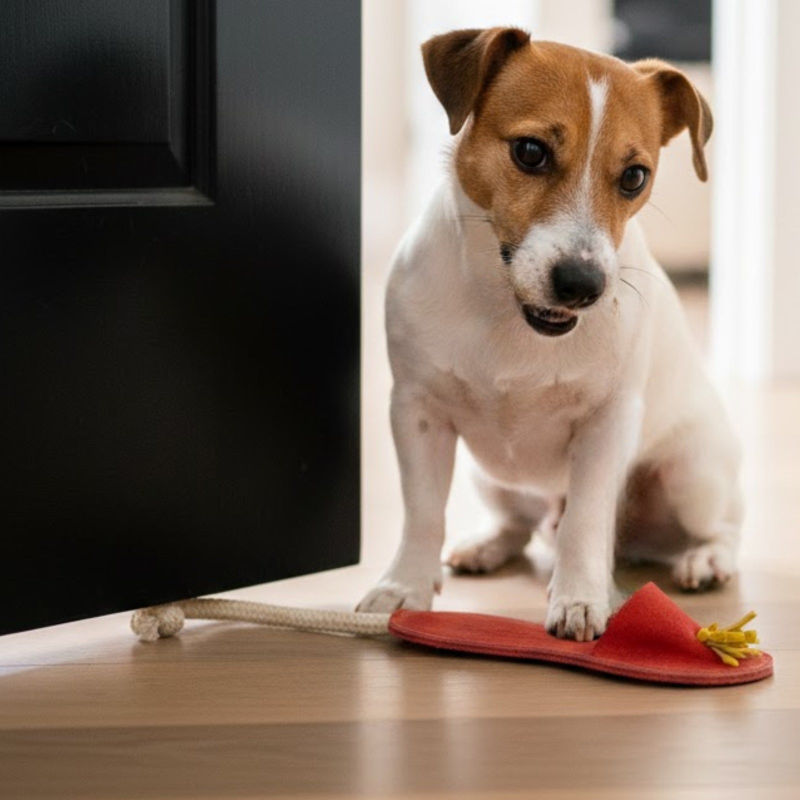 A small brown and white dog sits on a light wooden floor, its paw resting on the red Sigrid Slipper by Georgie Paws, used as a doorstop to hold open a black door. The softly lit background is out of focus.