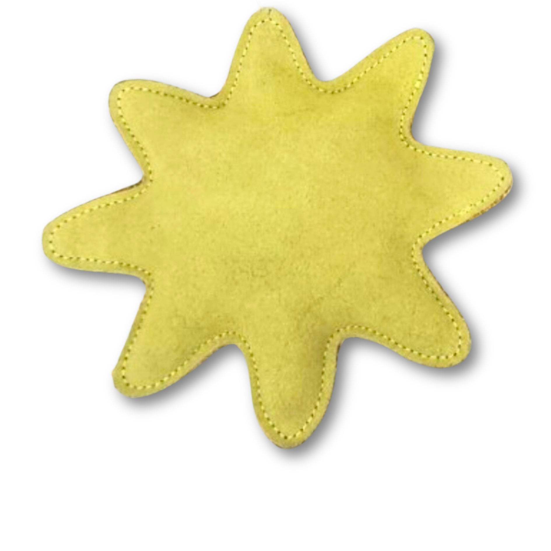 A compostable dog toy, shaped like a yellow star, on a white background by Georgie Paws.