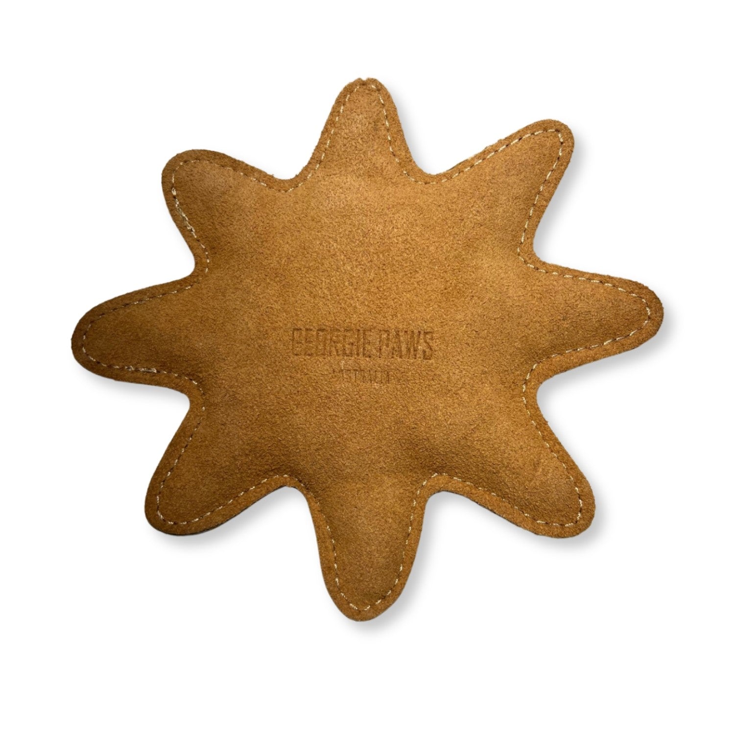 A tan-colored eco-friendly leather coaster in the shape of a star, with stitched edges, features an embossed logo "Georgie Paws" near the center.