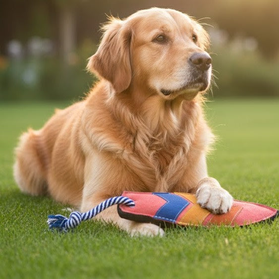 A golden retriever lies on green grass, gazing into the distance with one paw resting on a colorful Georgie Paws Surfboard Dog Toy. The softly blurred background hints at a park or garden setting.