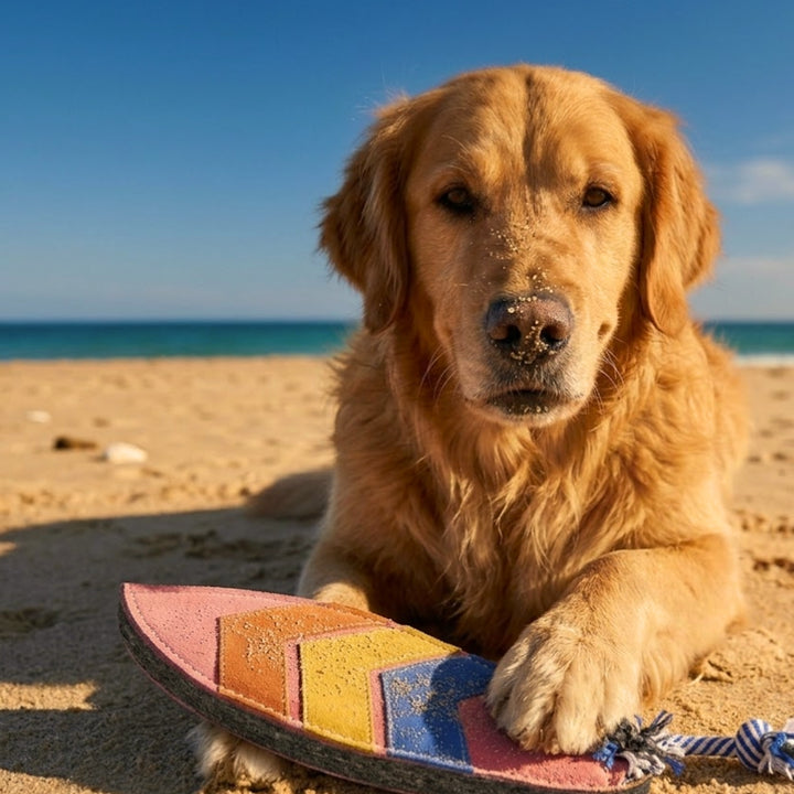 A golden retriever with sand on its nose rests on a beach, holding the Georgie Paws Surfboard Dog Toy. The ocean and sky create a stunning backdrop as sunlight highlights the dog’s fur.