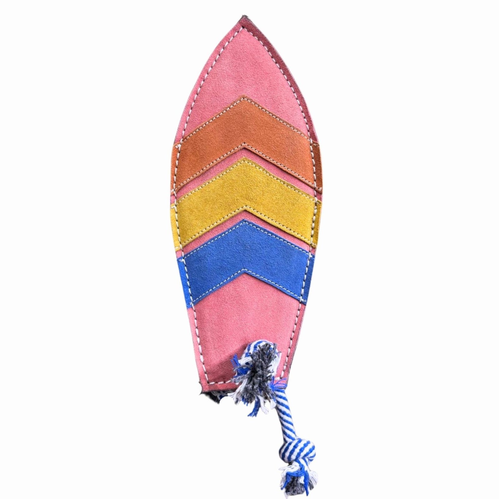 The Georgie Paws Surfboard Dog Toy features a leaf shape in Buffalo Suede with chevron patterns in brown, orange, yellow, and blue, white edge stitching, and a blue-and-white rope at the bottom. A sustainable toy shown on a white background.