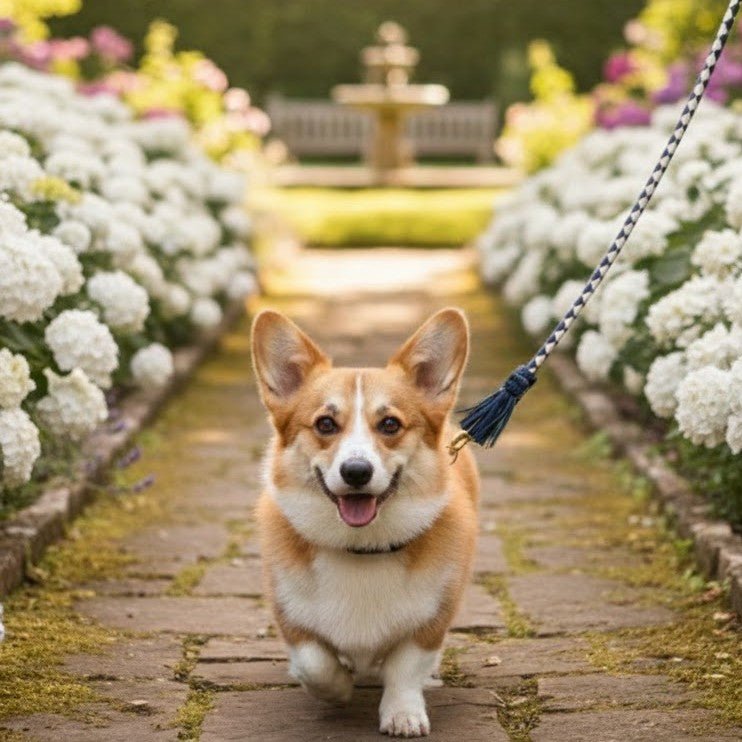 A happy corgi on a leash made from the Georgie Paws Swanky Lead - Navy, crafted from natural vegetable tanned buffalo leather, walks along a stone path in a garden surrounded by blooming white flowers and lush greenery. The dog looks directly at the camera with its tongue out, while a bench and fountain are visible in the sunlit background.