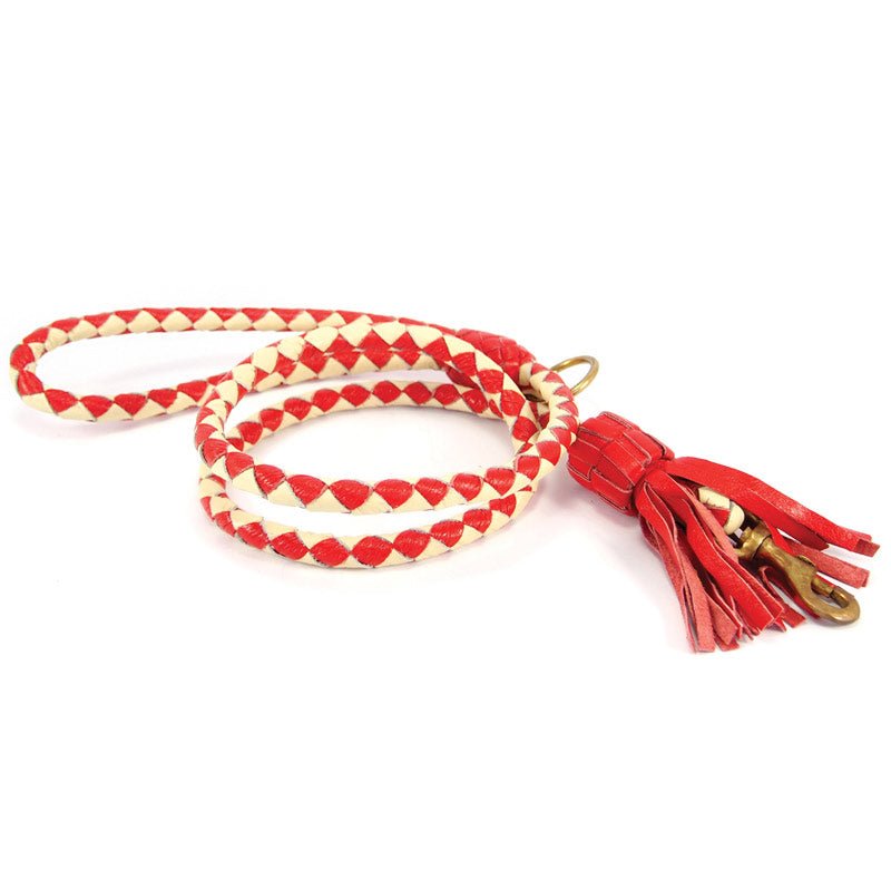 Introducing the Swanky Lead - Red by Georgie Paws: a handmade braided dog leash in striking red and cream, crafted with natural vegetable-tanned buffalo leather accents, a sturdy brass clasp, and finished with a decorative red leather tassel at one end, beautifully coiled on a white background.
