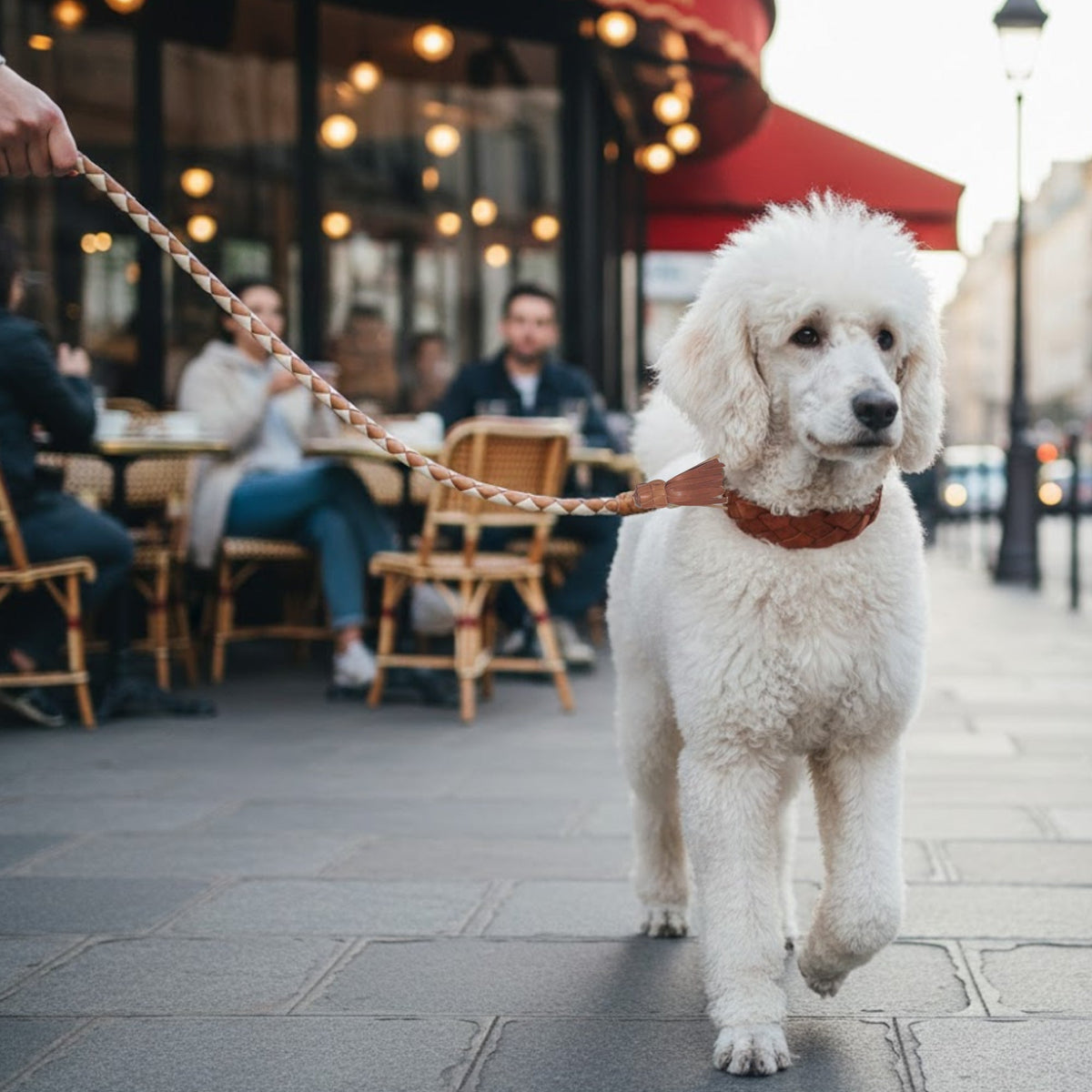 Dog wearing a hand-plaited tan and off-white buffalo leather lead with brass hardware outdoors — Georgie Paws Swanky Tan Lead