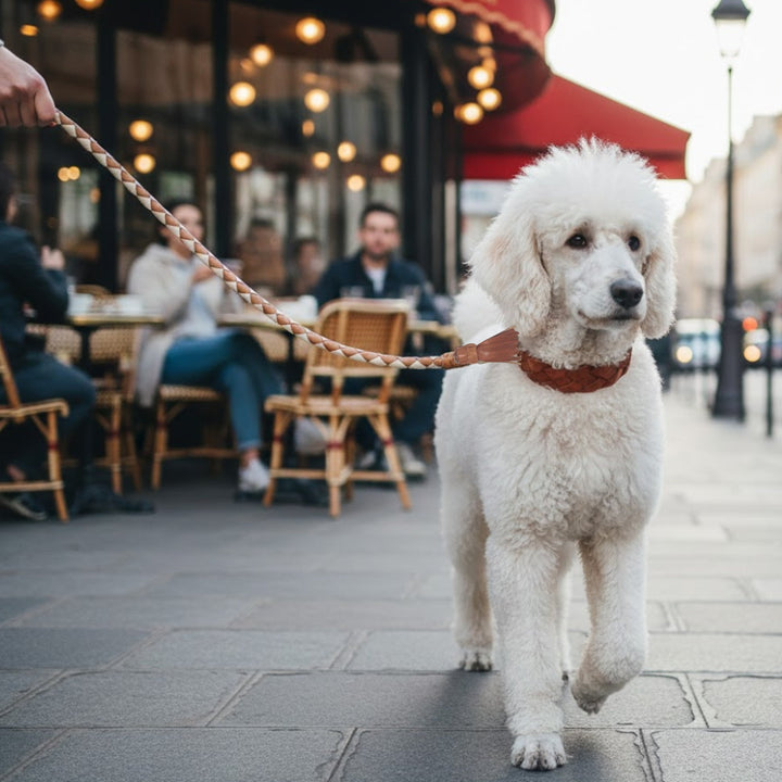 A well-groomed white poodle walks confidently on a city sidewalk, wearing the Swanky Lead – Syrup by Georgie Paws. Outdoor café tables with lively crowds and decorative lights create an urban backdrop, as the alert dog explores the scene—perfectly suited for city adventures with its stylish leash.