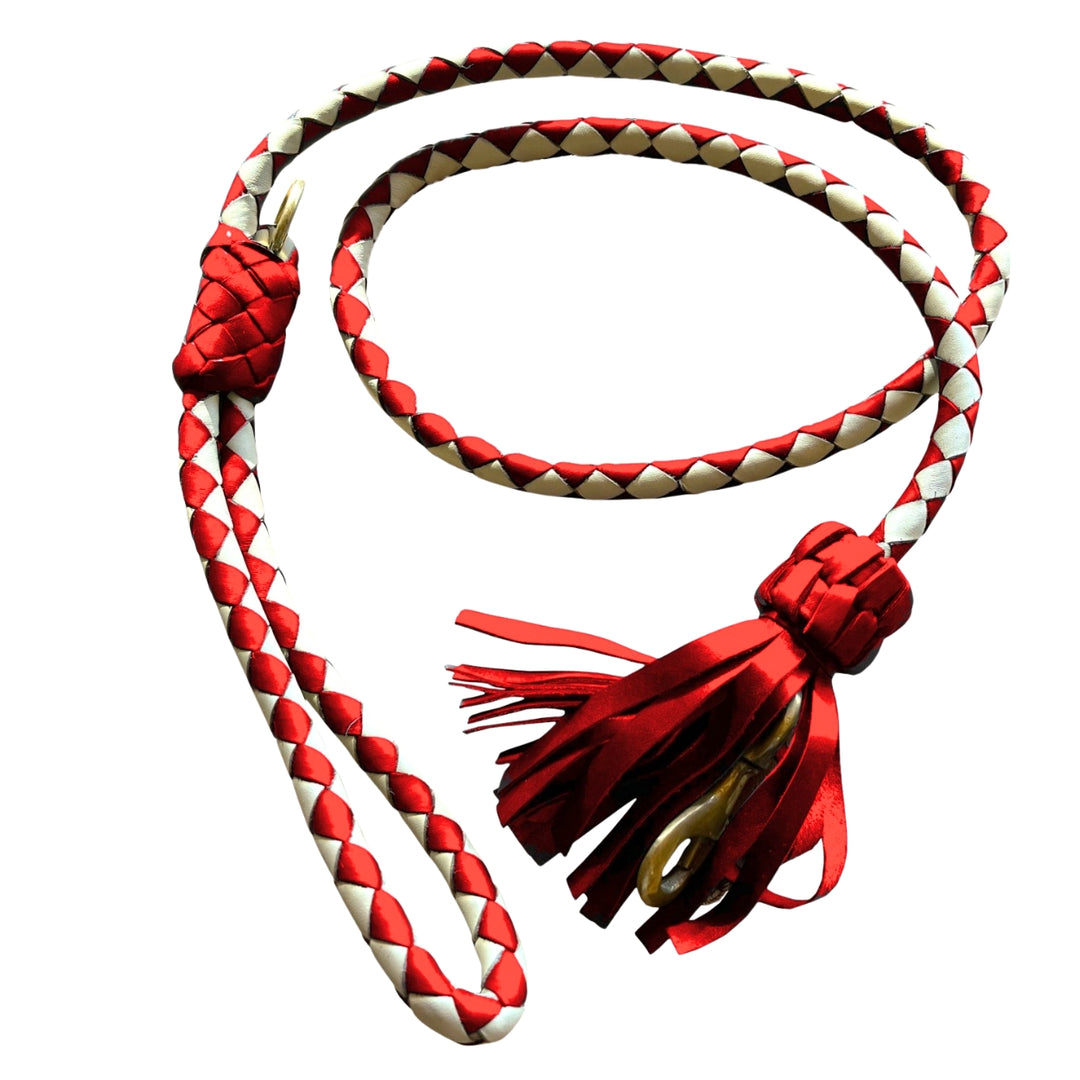 Hand-plaited red and chalk buffalo leather dog lead with brass clip and red leather tassel, coiled on white background — Georgie Paws Swanky Red Lead