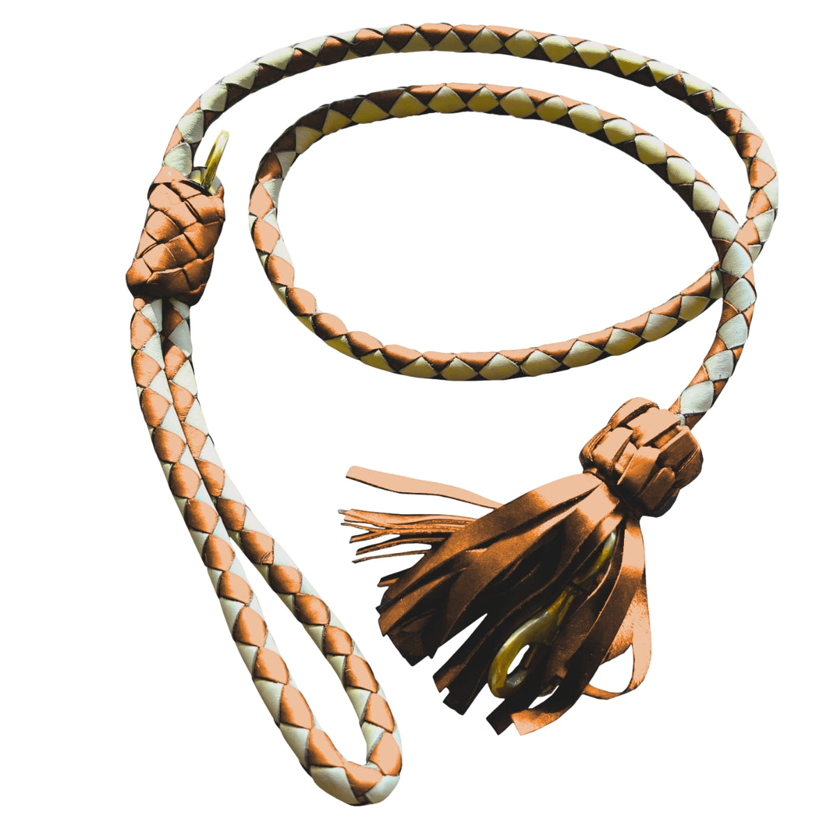 Hand-plaited tan and off-white buffalo leather dog lead with brass clip and leather tassel, coiled on white background — Georgie Paws Swanky Tan Lead