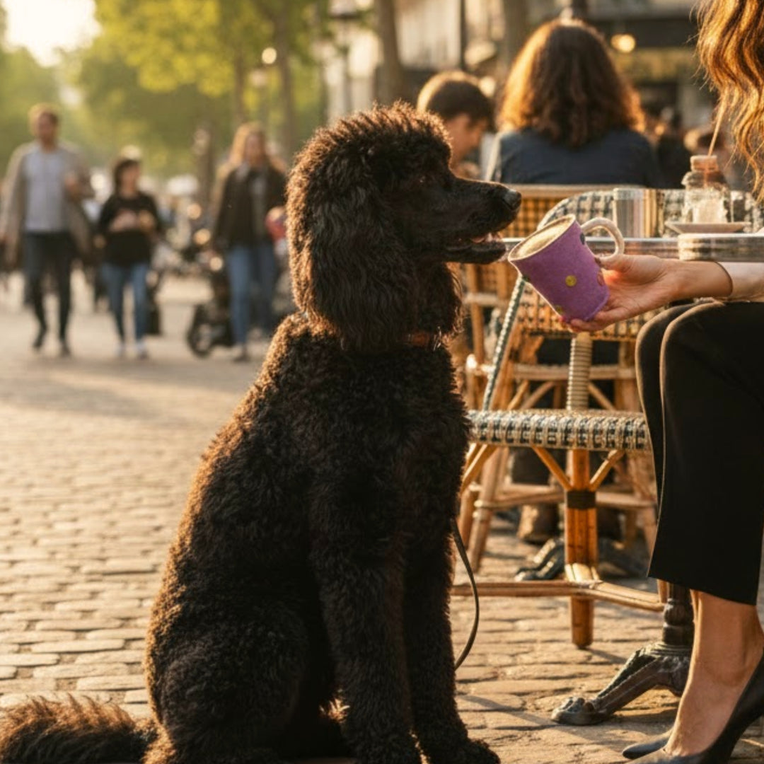 On a cobblestone street outside a café, a curly-haired black poodle faces a seated person holding the Georgie Paws Tea in a Mug Dog Toy. Sunlit tables and tree-lined streets create a lively background with people enjoying the day.