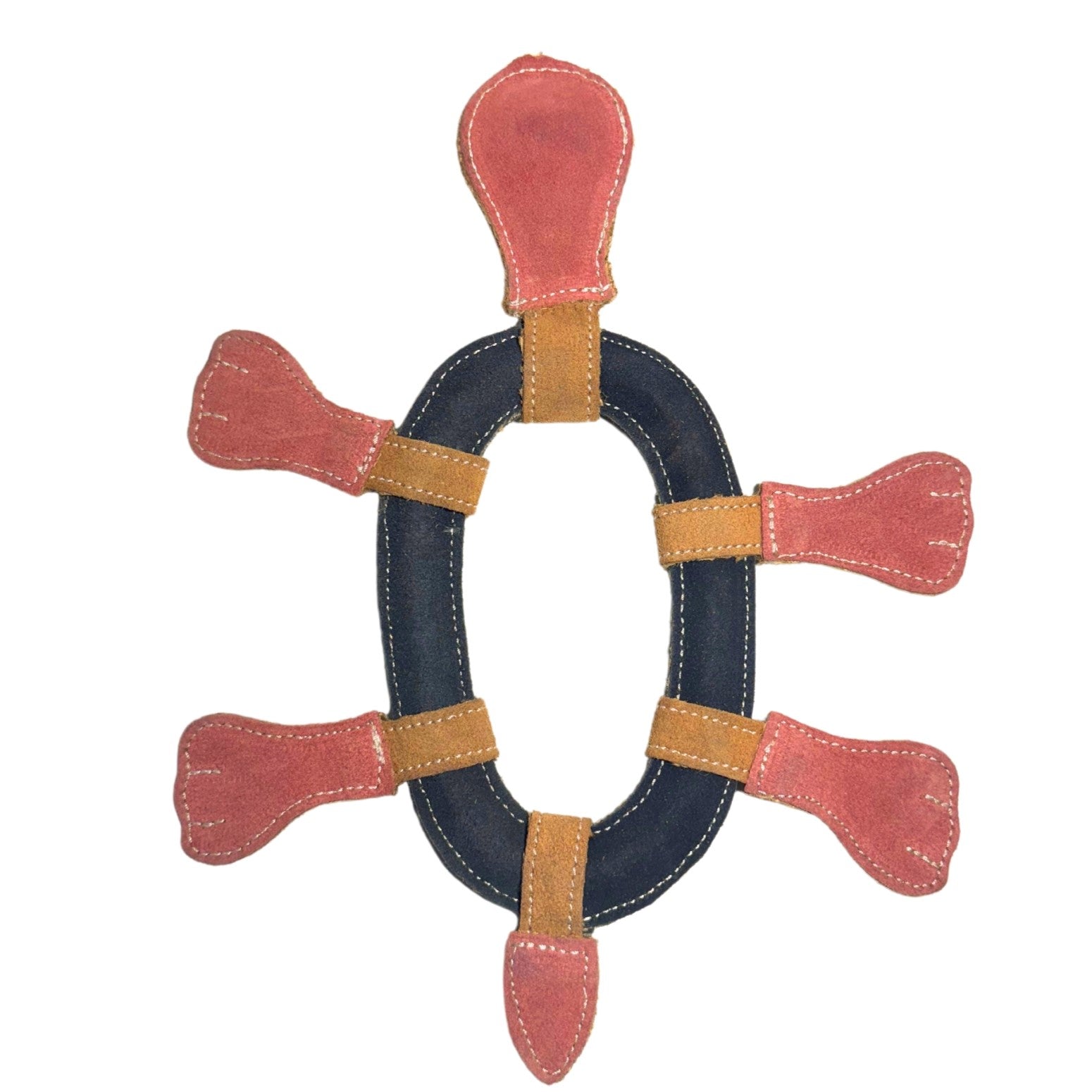 A handmade Thomas the Turtle - natural & pink dog chew toy designed to resemble a ship's wheel, featuring a dark blue ring with tan stitching and four red paddle-shaped extensions with beige accents, by Georgie Paws.
