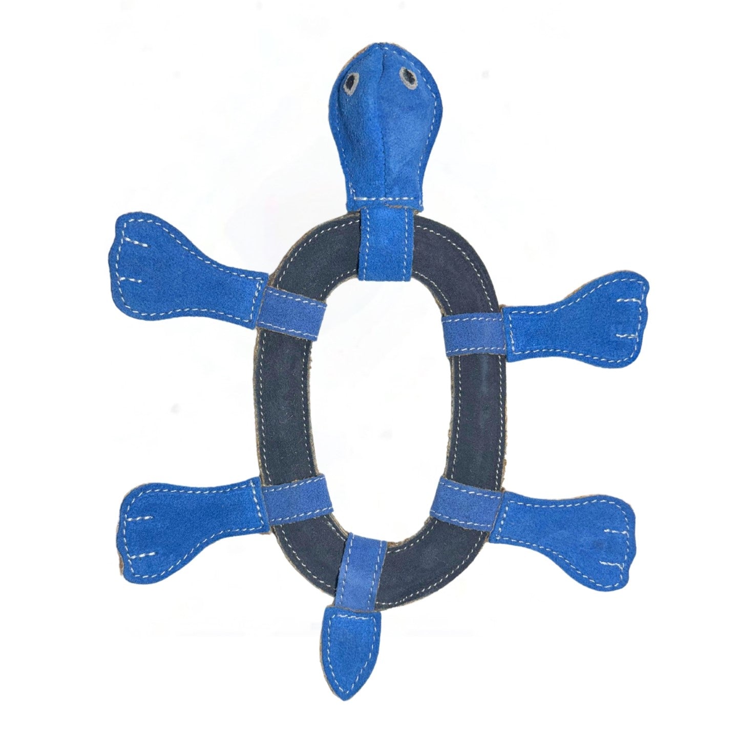 A handmade Thomas the Turtle - blue & navy buffalo suede puppy toy with a circular body designed for pet play, featuring stitched detailing and a flat silhouette for easy gripping by Georgie Paws.