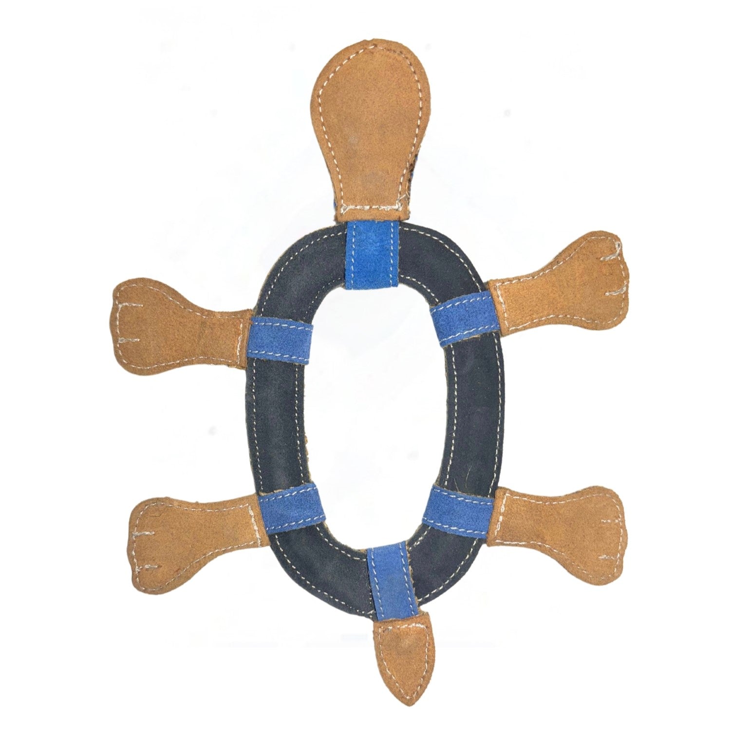 A decorative Thomas the Turtle - blue & navy lifebuoy made of blue and brown buffalo suede, crafted to resemble a nautical flotation device, isolated on a white background. Brand: Georgie Paws