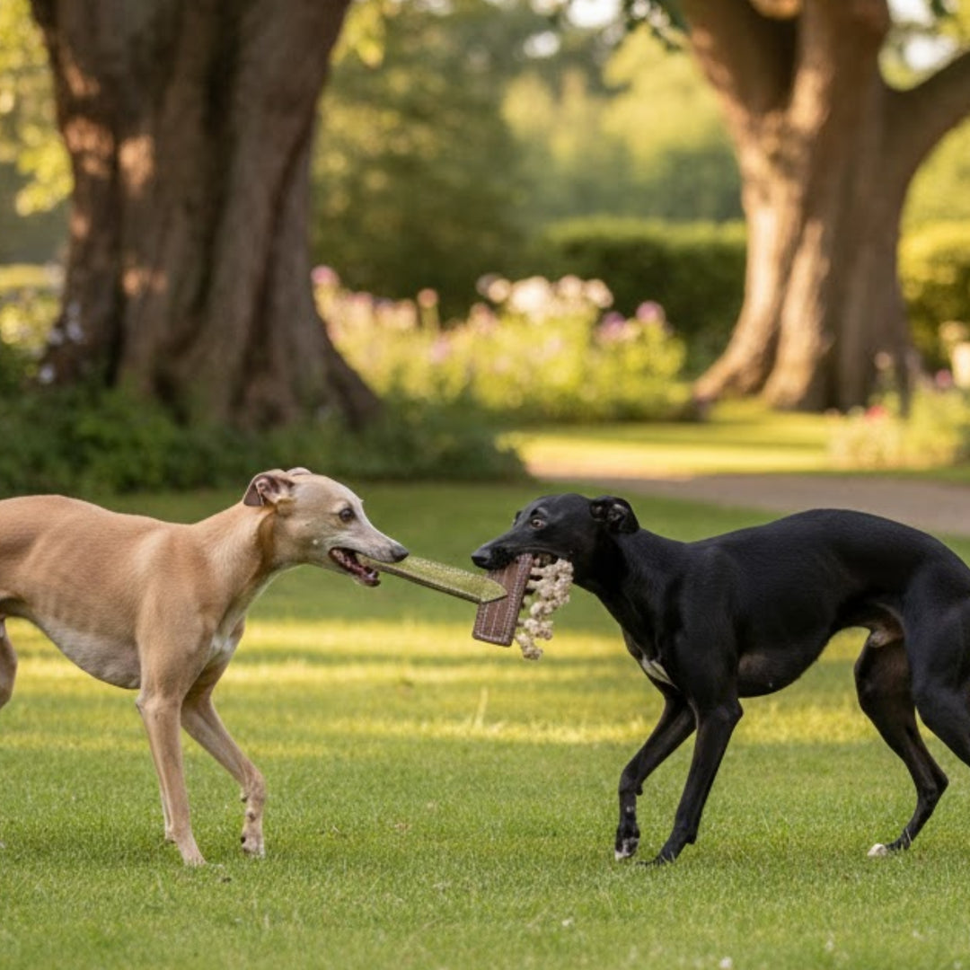 Two dogs, one tan and one black, play tug-of-war with the Georgie Paws Ready Rake Dog Toy in a sunny park. They romp on green grass with trees behind them, enjoying the bright and cheerful outdoor atmosphere.