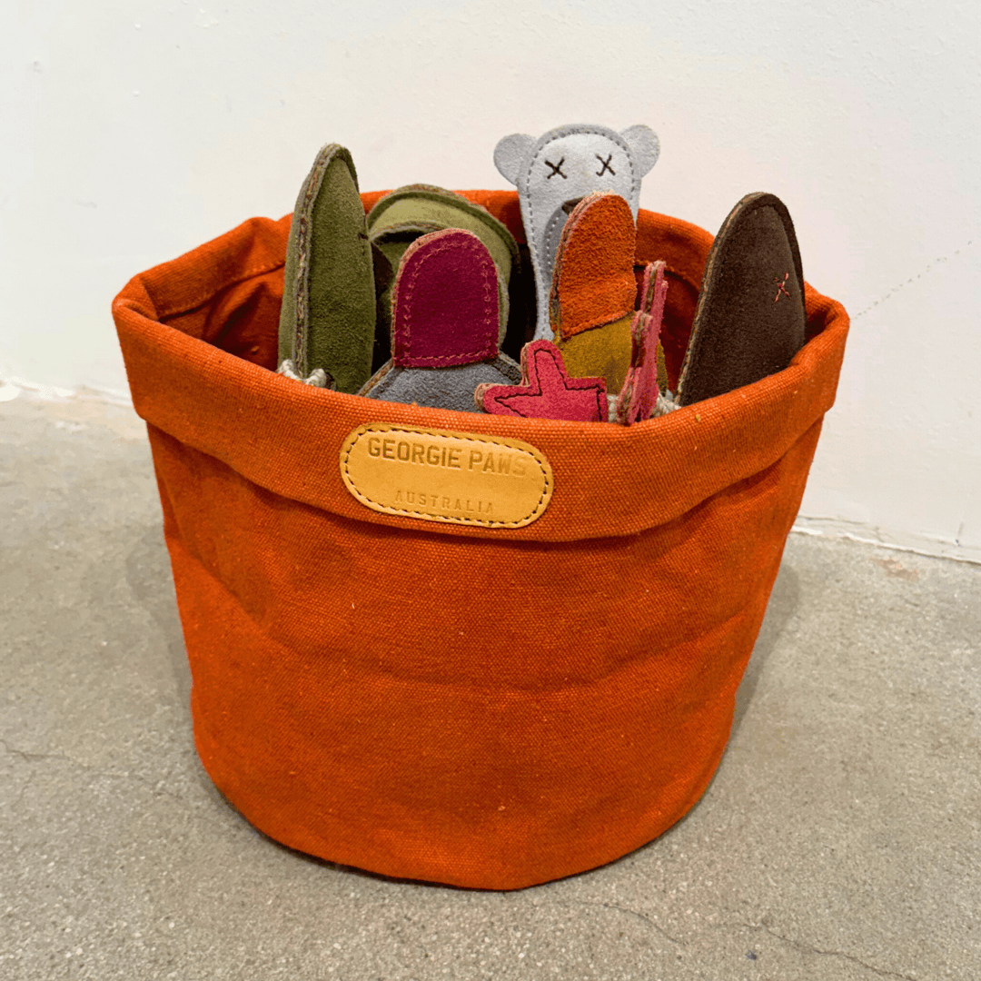 A Toy Storage Bucket from Georgie Paws sits on a concrete floor against a white wall, holding an assortment of colorful handmade felt dog toys shaped like animals and objects, including gray bear and leaf designs.