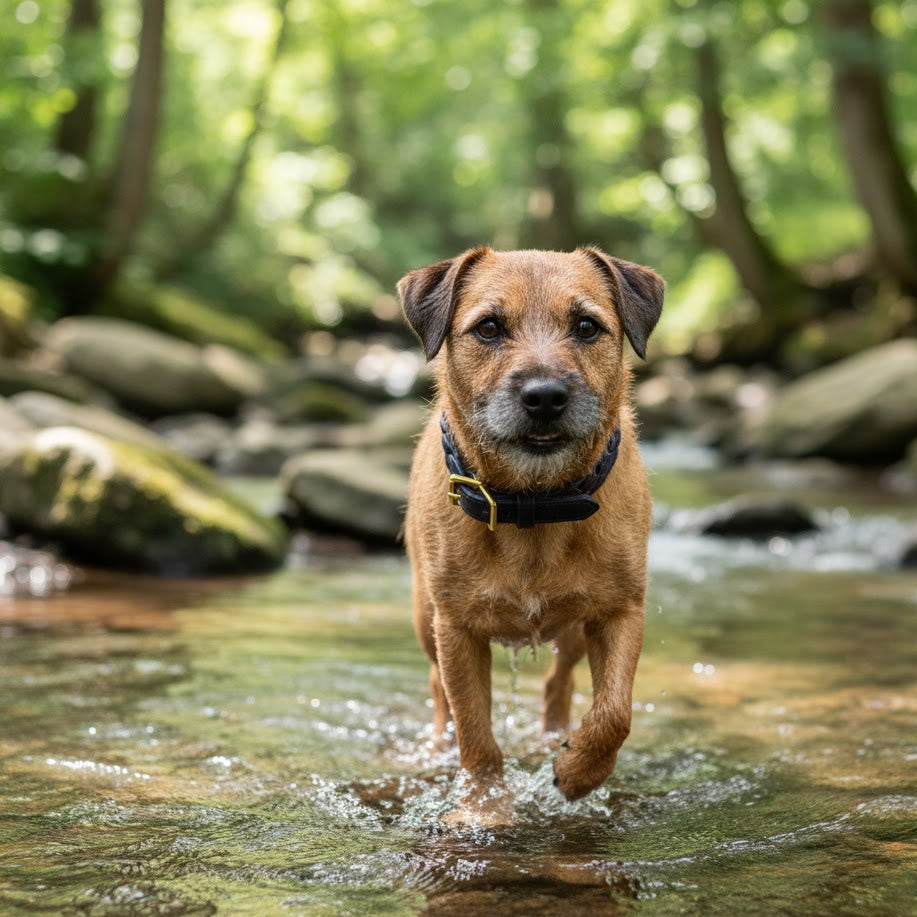 A small brown dog wearing a Georgie Paws Casey Collar in Navy walks through a shallow, rocky creek in a sunlit forest, surrounded by green trees and mossy rocks, looking at the camera with front paws slightly lifted as it steps forward.