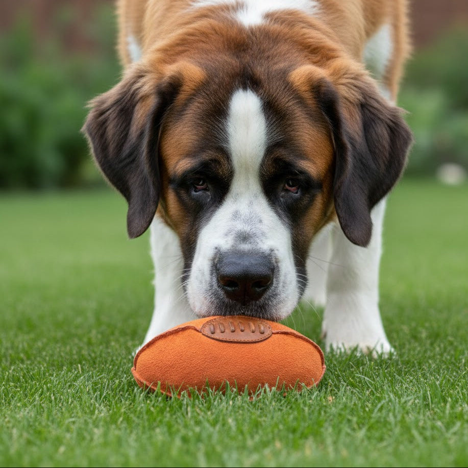 A large St. Bernard with soft brown fur and white facial markings stands on green grass, focused on the Georgie Paws Footy - orange plush toy by its paws, against a blurred garden background. The dog’s expression is gentle and intent.