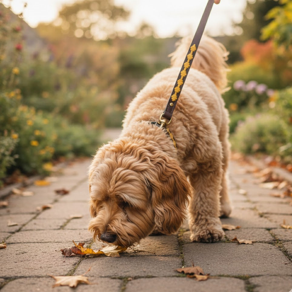 A fluffy tan dog on a Georgie Paws Polo Bark Lead - Wheat sniffs autumn leaves on a stone garden path, with blurred greenery and fall colors in the background creating a warm, peaceful outdoor scene.
