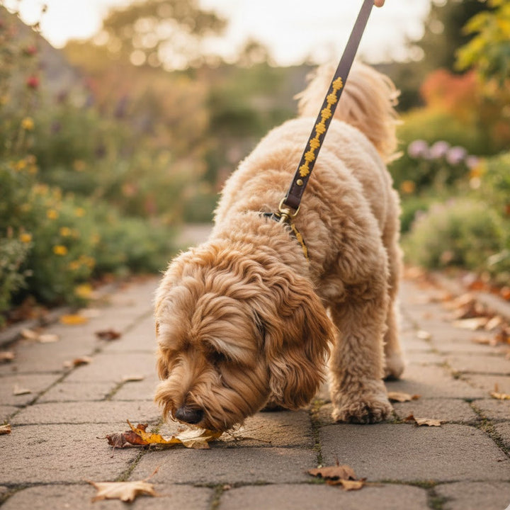 A fluffy tan dog on a Georgie Paws Polo Bark Lead - Wheat sniffs autumn leaves on a stone garden path, with blurred greenery and fall colors in the background creating a warm, peaceful outdoor scene.