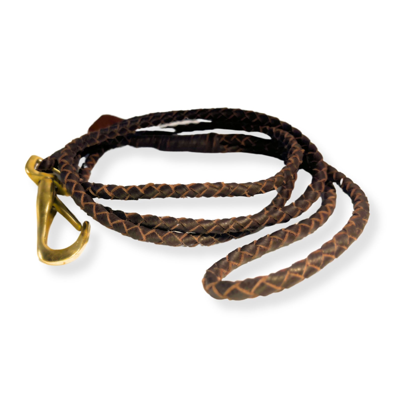 The LuLu Lead - Chicory by Georgie Paws features a coiled brown Buffalo leather braid and a shiny brass carabiner clasp. Showcased on a white background, its texture and craftsmanship are highlighted, with the sturdy clasp ideal for training leads prominently positioned at the end.
