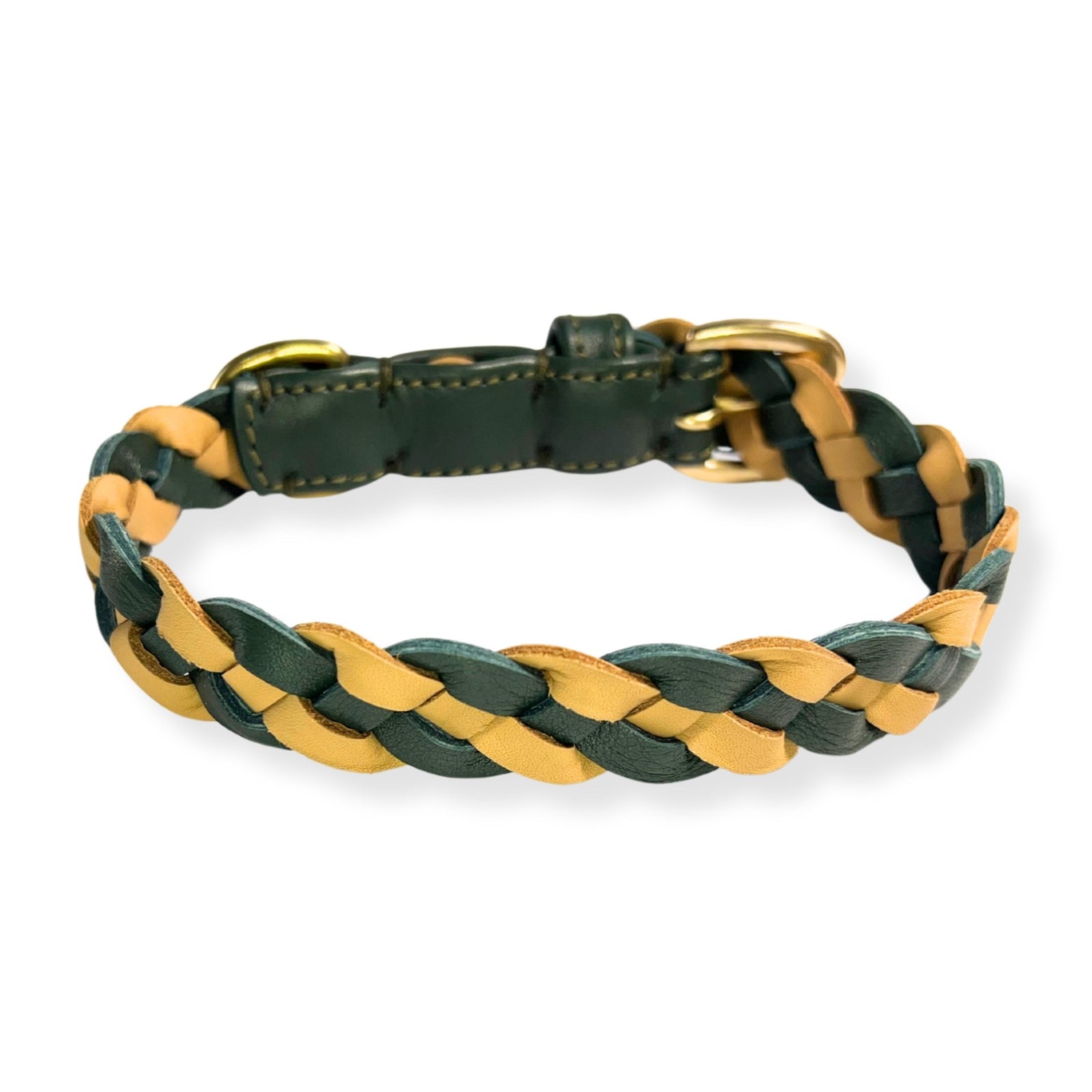 The LuLu Collar - Chive by Georgie Paws is a stylish braided dog collar made with green and tan buffalo leather. It features two brass D-rings and a sturdy buckle for secure fastening, perfect as a puppy gift for small dogs. The background is plain white.