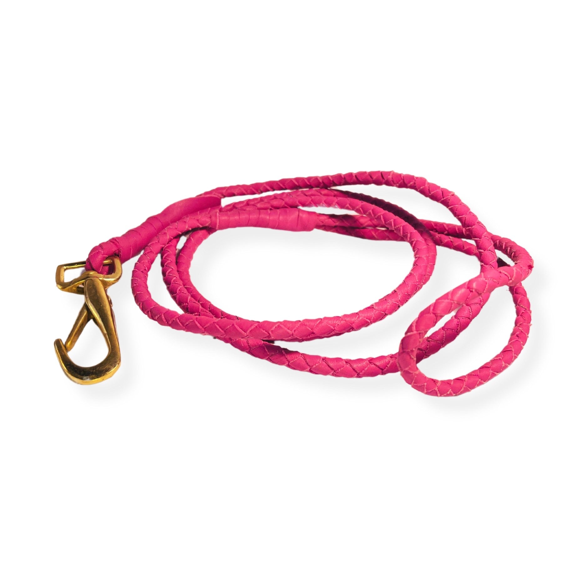 A vibrant hot pink "Lulu Lead" braided buffalo leather lead with a glossy brass carabiner clasp, isolated on a white background, showcasing a fashionable accessory for pet owners by Georgie Paws.