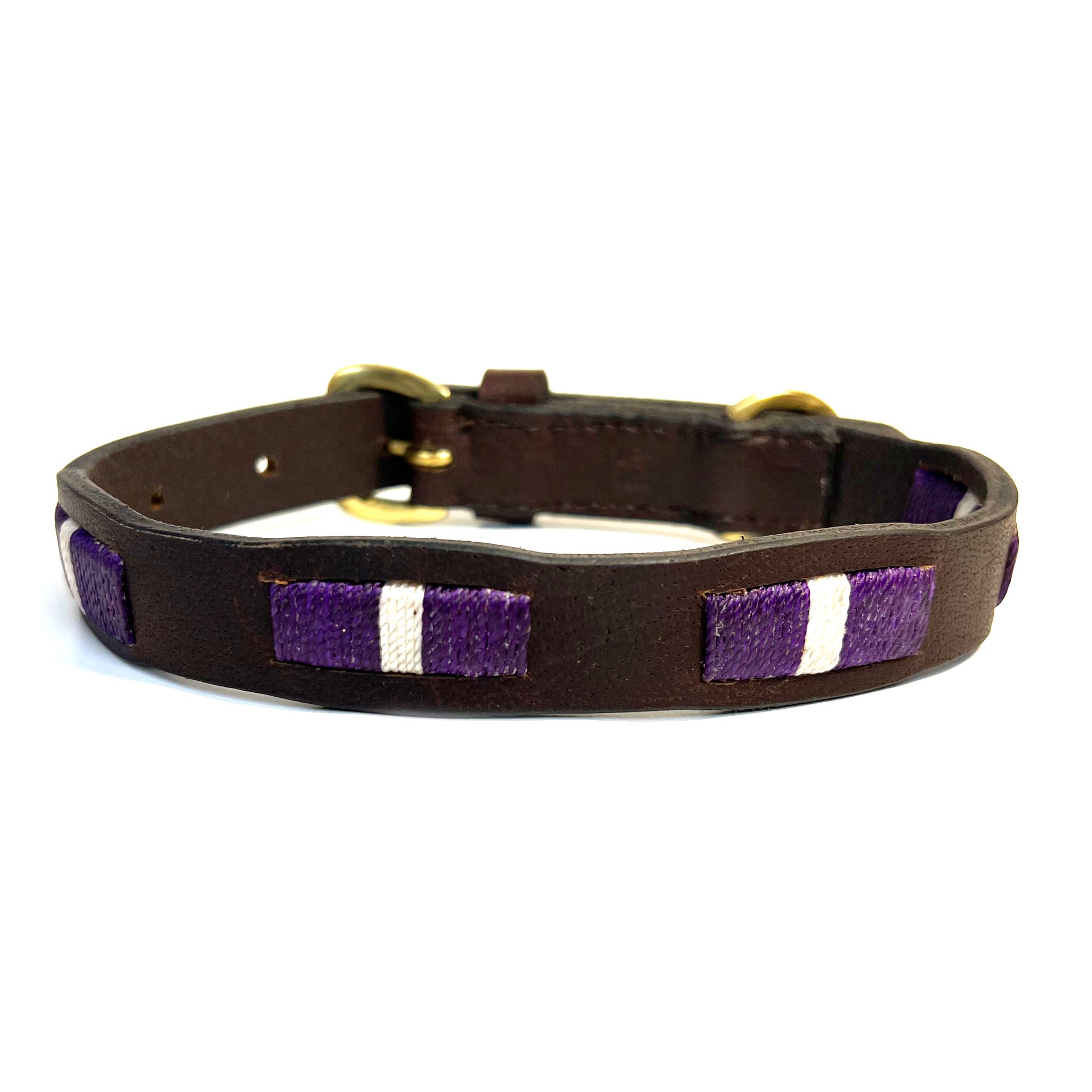 handmade natural leather dog collar, with decorative purple and white stitching.  Strong, sustainable and compostable brown waxed leather Buffalo Leather.Aged brass buckle
