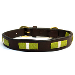 handmade natural leather dog collar, with decorative green and white stitching.  Strong, sustainable and compostable brown waxed leather Buffalo Leather.Aged brass buckle