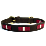 handmade natural leather dog collar, with decorative ruby red and white stitching.  Strong, sustainable and compostable brown waxed leather Buffalo Leather.Aged brass buckle