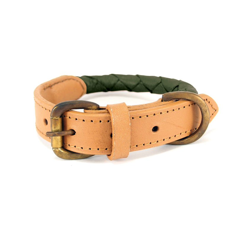 handmade leather round braided dog collar.  Strong, sustainable and compostable dark green Buffalo Leather with natural colour trim.  Aged brass buckle