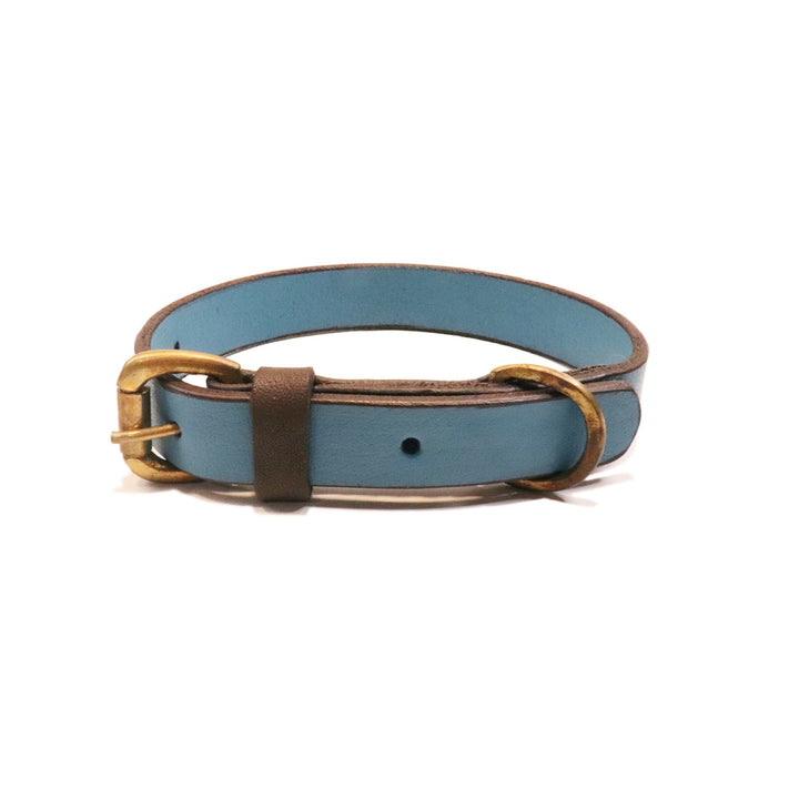 The Georgie Paws Cooper Collar - Storm is a blue Buffalo leather dog collar with brown accents, brass buckle and loop, shown laid flat in a circle to highlight its single adjustment hole and durable build against a white background.