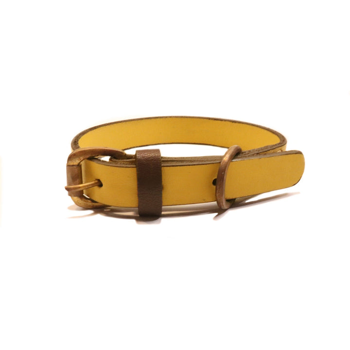 The Georgie Paws Cooper Collar - Wheat is a yellow buffalo leather dog collar with brown edges, gold buckle, and brown loop. Coiled circularly, the buckle and loop stand out in the foreground against a white background.
