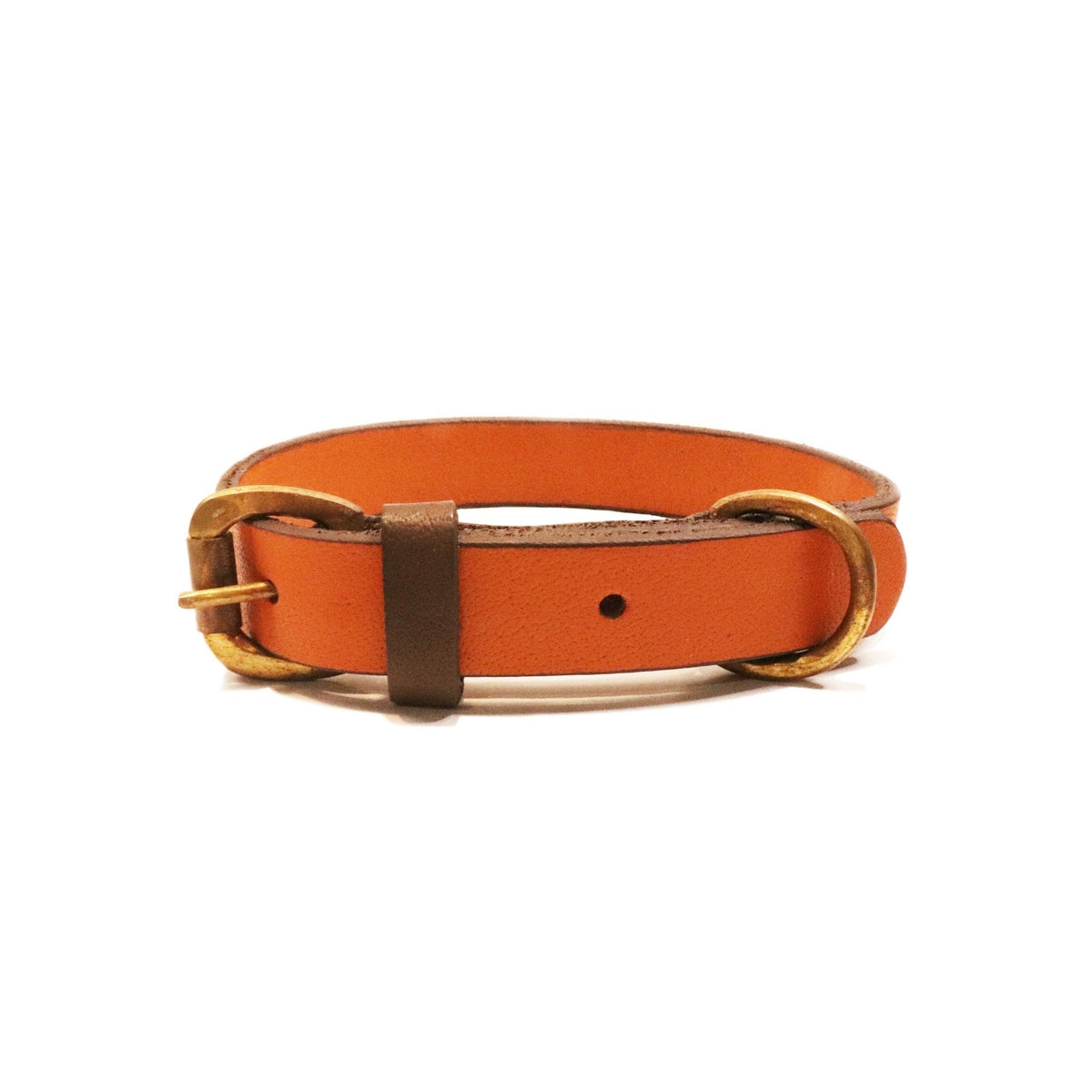 Cooper Dog Collar in Ochre, a handmade buffalo leather dog collar with solid brass hardware by Georgie Paws