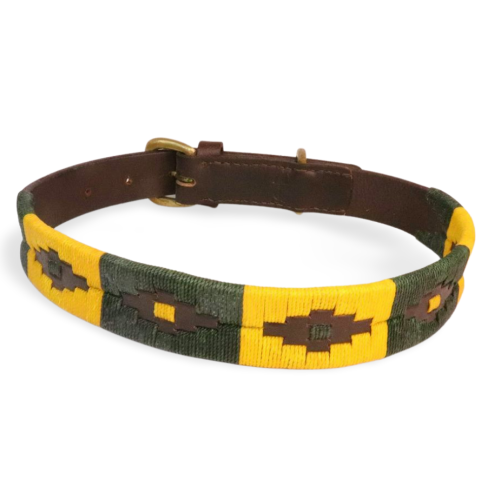 handmade natural leather dog collar, with decorative green and yellow stitching.  Strong, sustainable and compostable brown waxed leather Buffalo Leather.  Aged brass buckle