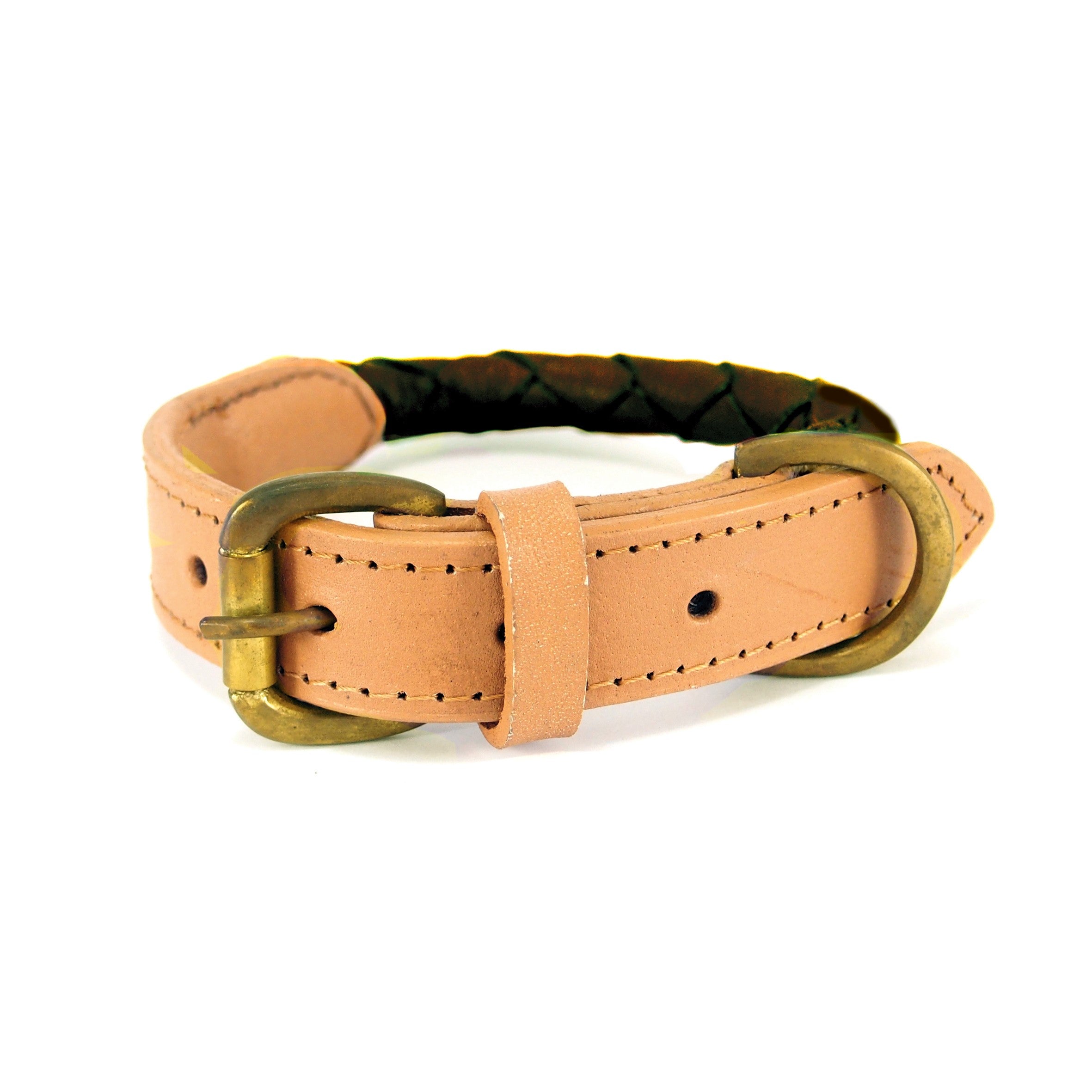 handmade leather round braided dog collar.  Strong, sustainable and compostable brown Buffalo Leather with natural colour trim.  Aged brass buckle