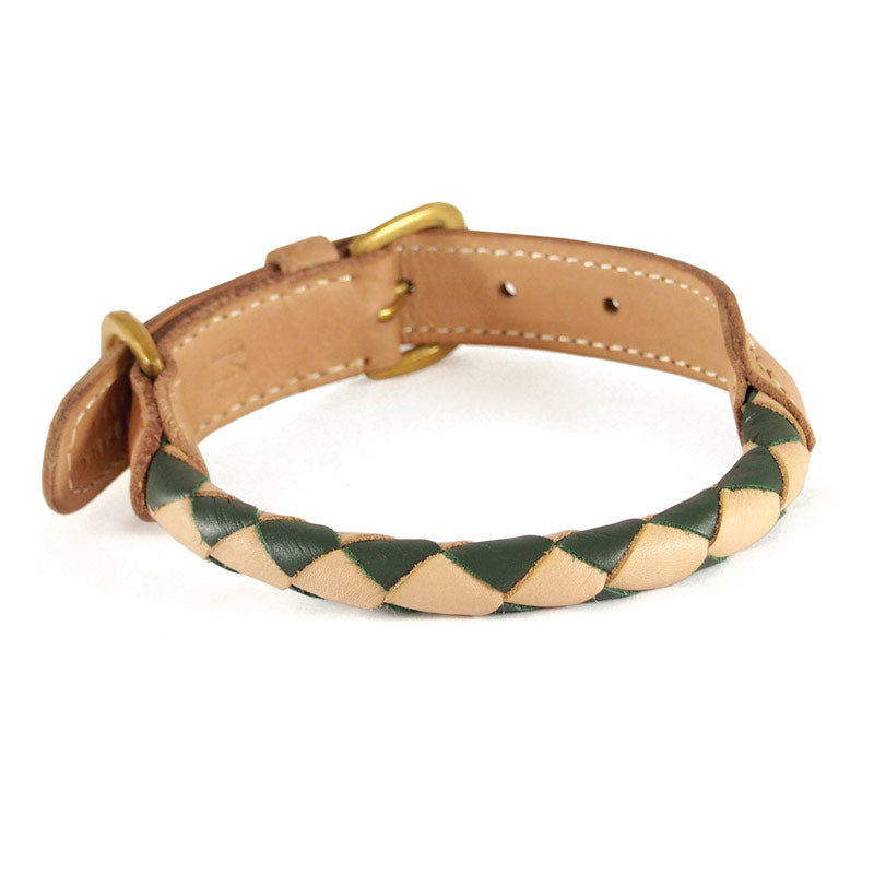handmade leather round braided dog collar.  Strong, sustainable and compostable dark green and natural Buffalo Leather with natural colour trim.  Aged brass buckle