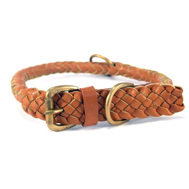 The Tonto Collar - Tan by Georgie Paws is a brown braided dog collar made from sustainable, vegetable-tanned buffalo leather, featuring a brass buckle and two brass rings, displayed coiled in a circle on a white background.