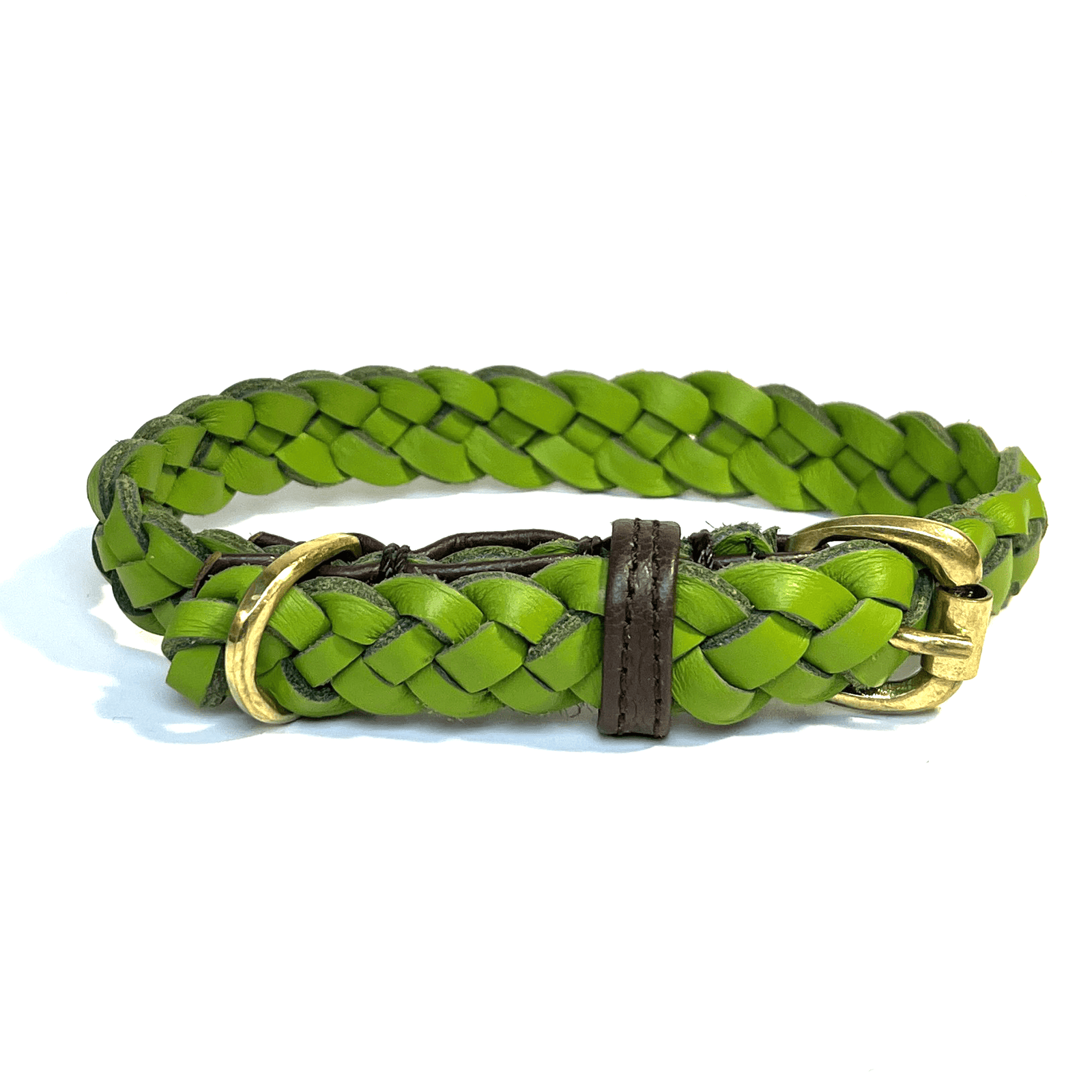 Introducing the Windsor Collar - Mantis by Georgie Paws: a vibrant green, braided dog collar expertly crafted from sustainable, vegetable tanned buffalo leather. It features a gleaming gold buckle and D-ring, as well as a contrasting dark brown leather loop near the buckle that highlights the vivid green woven design. The product is set against a plain white background.