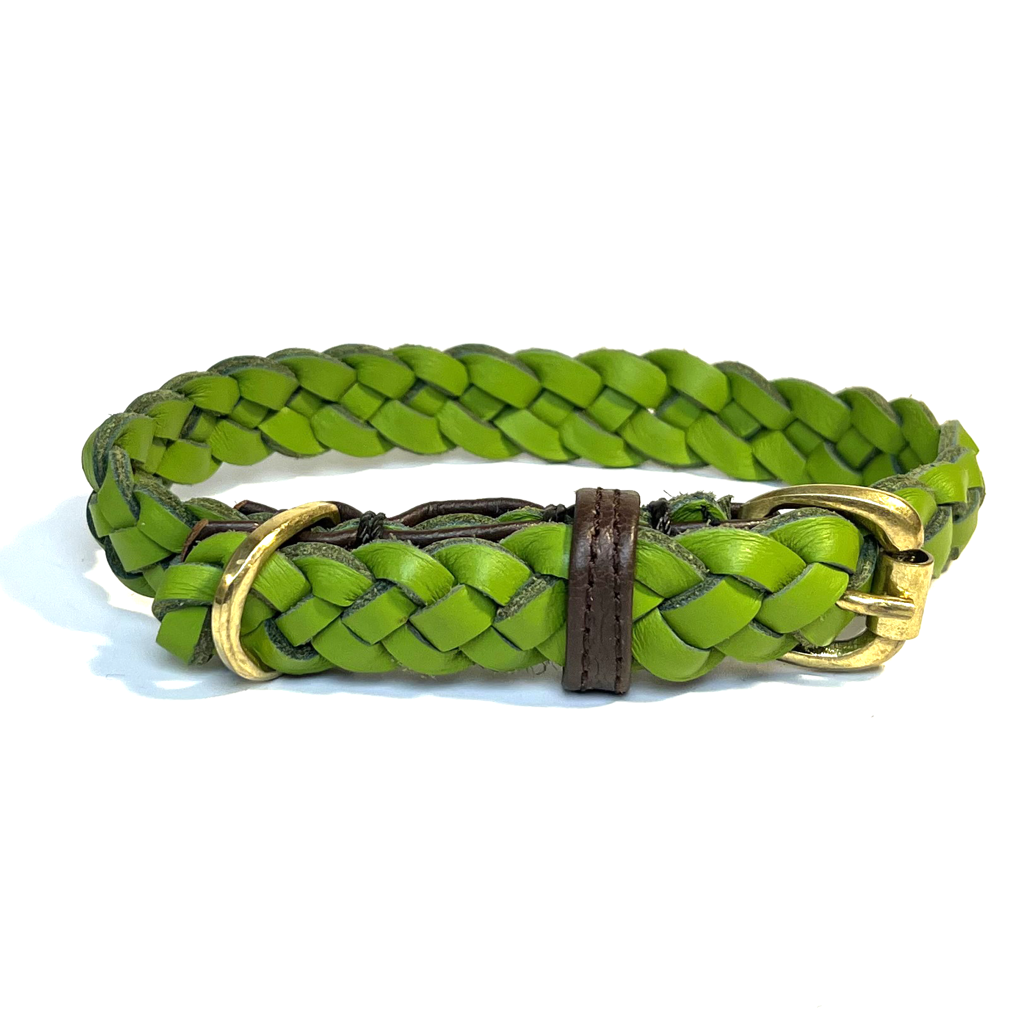 handmade flat 4 braid leather green dog collar with natural trim.  Soft, Strong, sustainable and compostable Buffalo Leather.  Aged brass buckle. Only for small dogs and puppies under 10kg